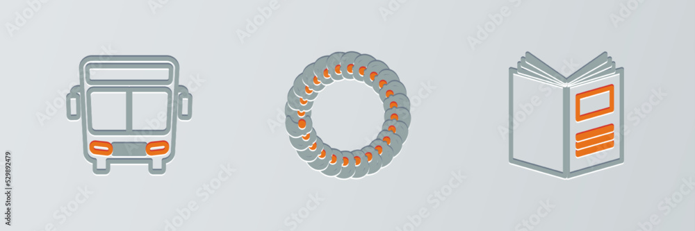 Poster set line open book, bus and laurel wreath icon. vector