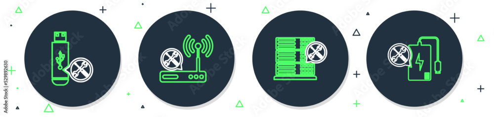 Poster set line router wi-fi service, database server, usb flash drive and power bank icon. vector