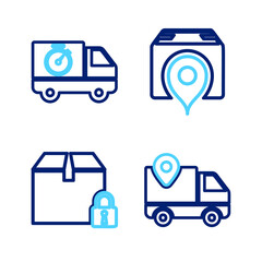 Set line Delivery tracking, Locked package, Location with cardboard box and truck and stopwatch icon. Vector