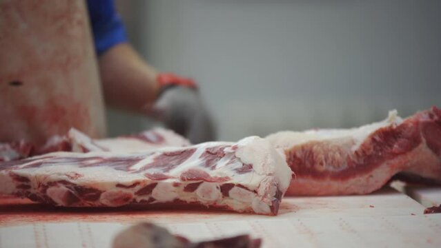 A meat factory worker separates the meat from the animal's ribs