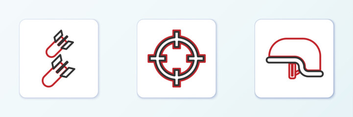Set line Military helmet, Aviation bomb and Target sport icon. Vector
