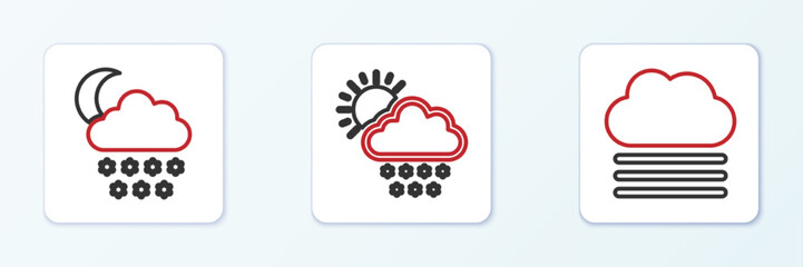 Set line Fog and cloud, Cloud with snow moon and sun icon. Vector