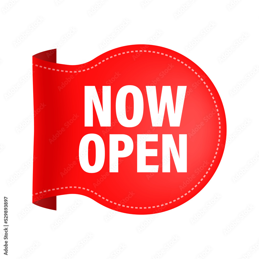 Poster vector now open red banner. label with text in flat style. vector illustration.