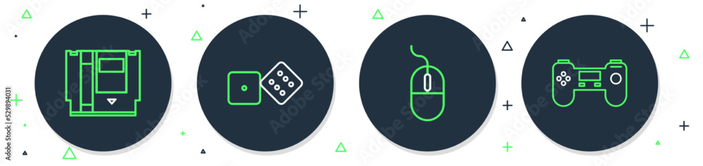 Poster set line game dice, computer mouse, cartridge and gamepad icon. vector