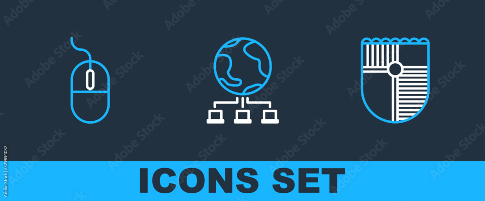 Poster set line shield for game, computer mouse and network icon. vector