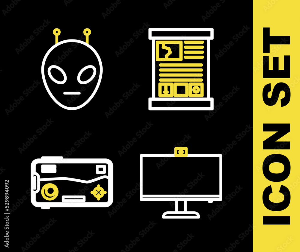 Poster set line game guide, computer monitor, mobile and playing in game and alien icon. vector