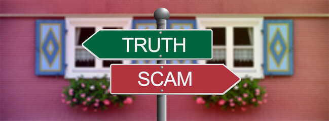 Truth or scam red and green sign	