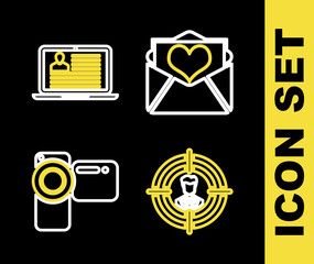 Set line Envelope with Valentine heart, Head hunting, Cinema camera and Laptop resume icon. Vector