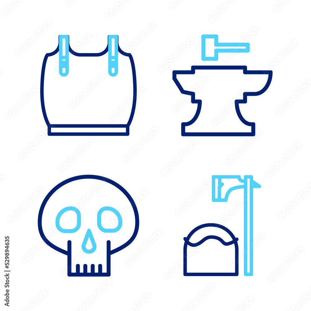Poster set line executioner axe in tree block, skull, anvil for blacksmithing hammer and body armor icon. v