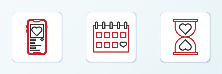 Set line Heart in the center hourglass, Mobile with heart and Calendar icon. Vector