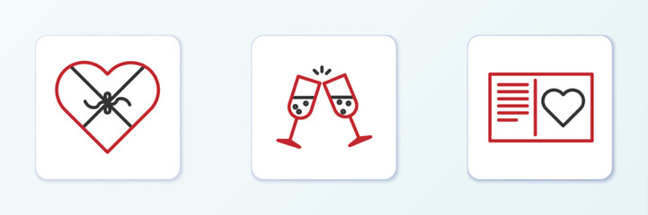 Set line Valentines day flyer with heart, Candy shaped box and Glass of champagne icon. Vector