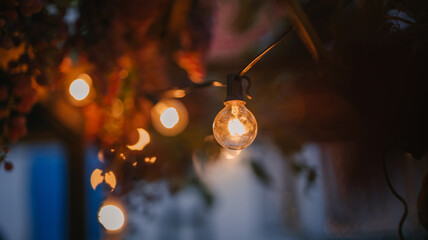 Close up to bulb, light bokeh. Incandescent light bulb hanging In a night garden.