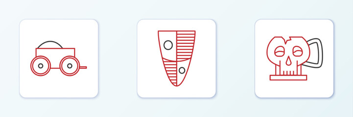 Set line Cup from the skull, Wooden four-wheel cart and Shield icon. Vector