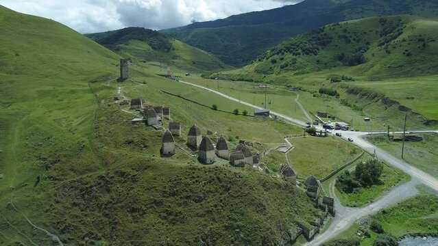Aerial over an ancient necropolis in village of Dargavs, Republic of North Ossetia, Russia