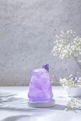 Lavender Gin and Tonic Punch Cocktail. Elegant glass filled with violet cocktail or mocktails