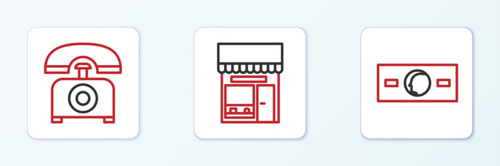 Set line Paper money cash, Telephone and Shopping building or market store icon. Vector
