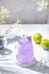 Lavender Gin and Tonic Punch Cocktail. Elegant glass filled with violet cocktail or mocktails
