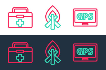 Set line Gps device with map, First aid kit and Campfire icon. Vector