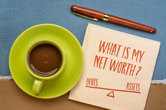 What Is My Net Worth? Handwriting And Sketch On A Napkin With A Cup Of Coffee. Debts, Assets And Financial Concept.