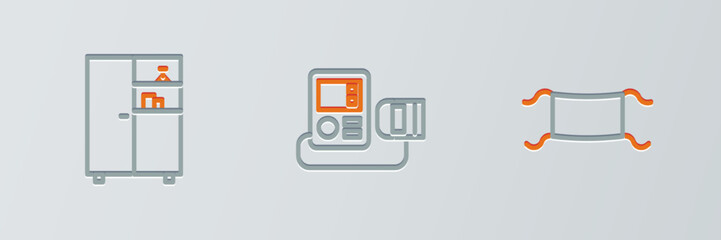Set line Medical protective mask, Medicine cabinet and Blood pressure icon. Vector