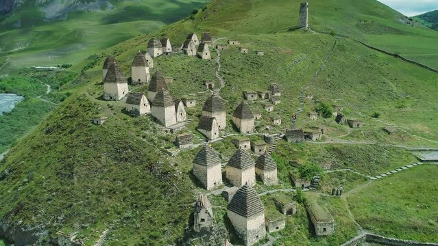 Aerial over an ancient necropolis in village of Dargavs, Republic of North Ossetia, Russia