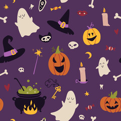 Happy Halloween Seamless pattern with pumpkins, bat, decoration elements, cartoon style. Witchcraft, withcore aesthetic. Mystical magic art. Trendy modern vector illustration, hand drawn, flat