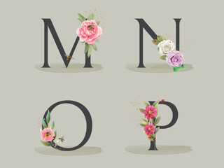 beautiful floral alphabet set with hand drawn flower and leaves