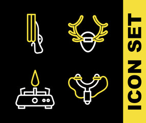 Set line Deer antlers on shield, Slingshot, Camping gas stove and Shotgun icon. Vector