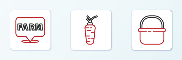 Set line Basket, Location farm and Carrot icon. Vector