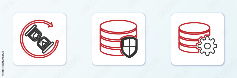 Poster set line setting database server, waiting and database protection icon. vector
