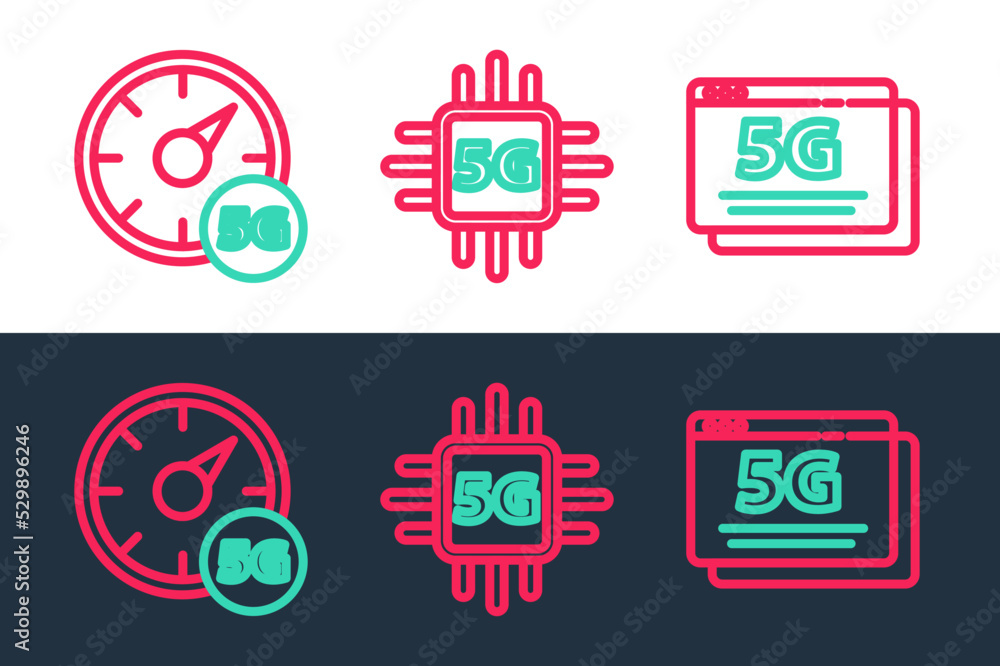 Poster set line 5g network, digital speed meter and processor icon. vector