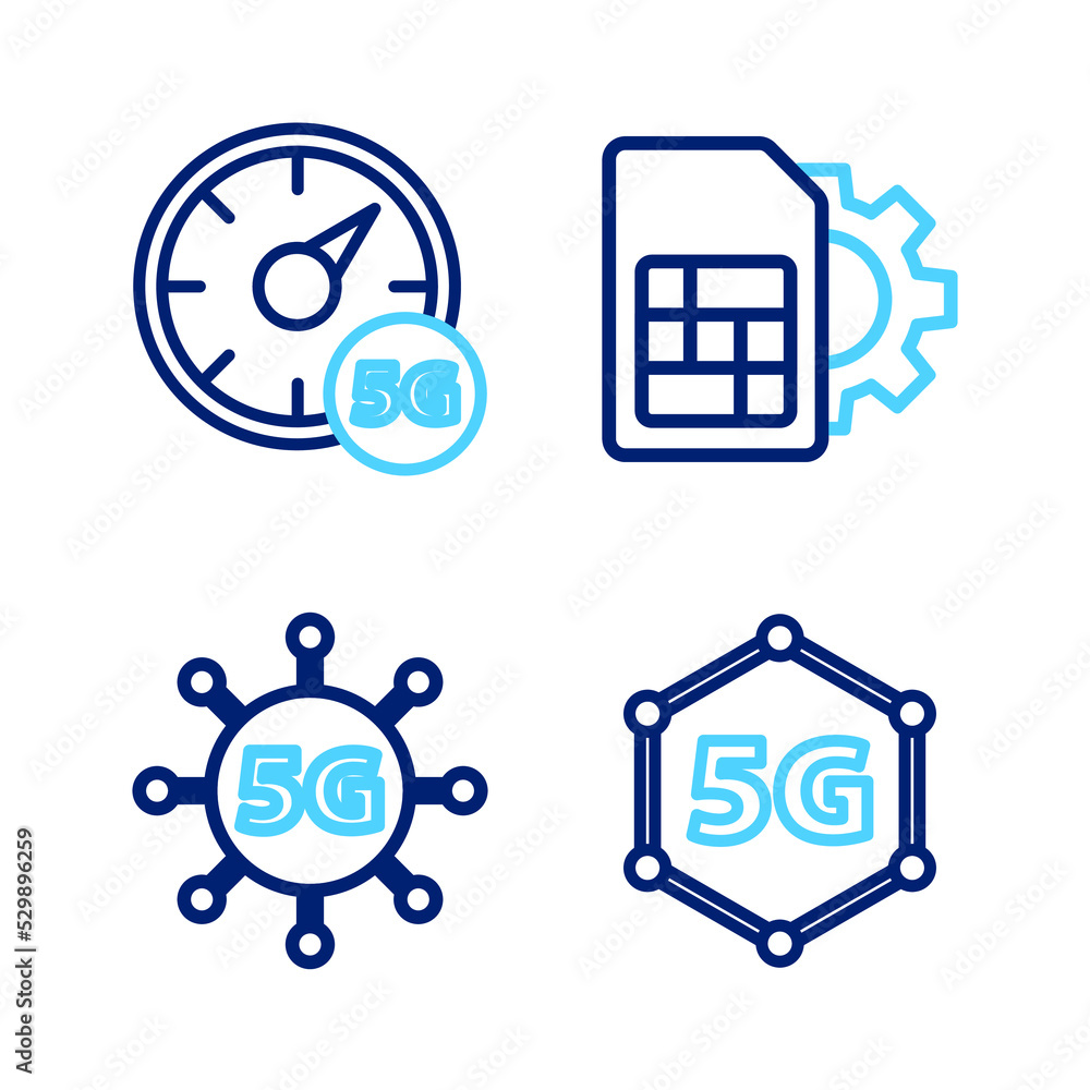 Poster set line 5g network, sim card setting and digital speed meter icon. vector