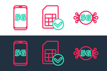 Set line 5G network, Mobile with and Sim card icon. Vector