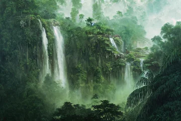 Papier Peint photo autocollant Olive verte waterfall in jungle, mist ruins illustration. Generative AI
