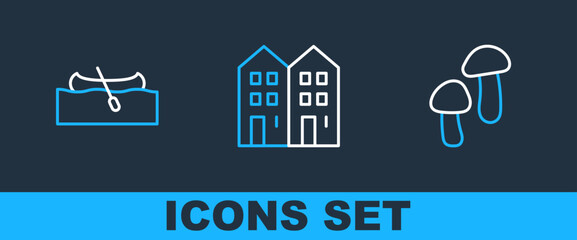 Set line Mushroom, Kayak or canoe and House icon. Vector