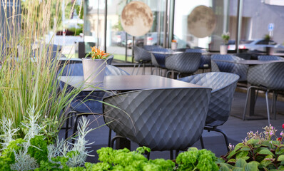 Summer terrace of the restaurant on a clear day. Table near the restaurant close-up