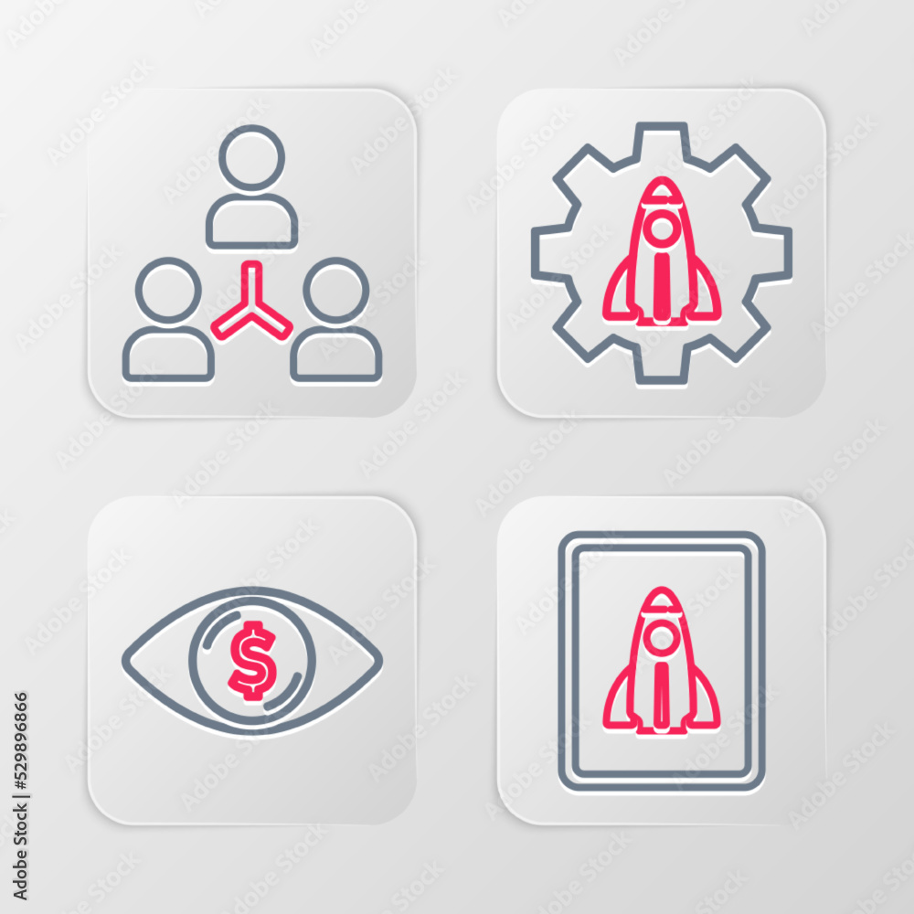 Poster set line startup project concept, eye with dollar, and project team base icon. vector