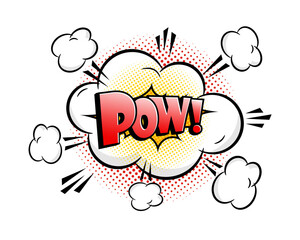 Pow comic speech bubble with cloud, stars, rays and halftone effect background. Pop art vector cartoon illustration in retro style. Design for comic book, poster, banner