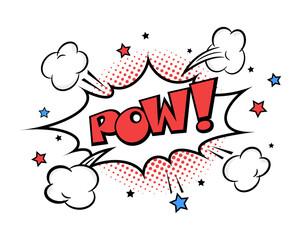 Pow comic speech bubble with cloud, stars, rays and halftone effect background. Pop art vector cartoon illustration in retro style. Design for comic book, poster, banner