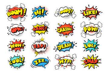 Set of colors comic speech bubbles stickers with text, cloud, stars, halftone on white background. Pop art vector cartoon illustration in retro style. Design for comic book, poster, banner