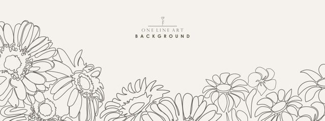 Beautiful floral vector hand drawn background. One line art design. Delicate beige pattern with drawing contour flowers. Vintage ornament cover, banner, card, template, brochure, placard ant etc