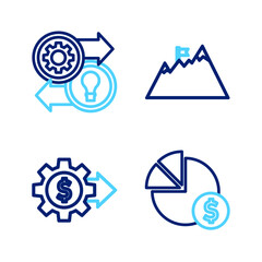 Set line Pie chart and dollar, Gear with, Mountains flag and Human resources icon. Vector