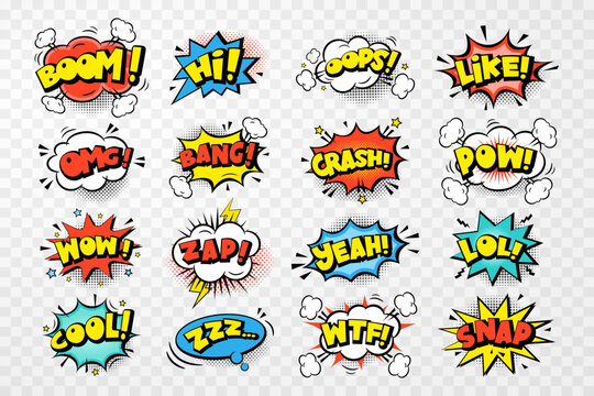 Set of colors comic speech bubbles stickers with text, cloud, stars, halftone on transparent   background. Pop art vector cartoon illustration in retro style. Design for comic book, poster, banner