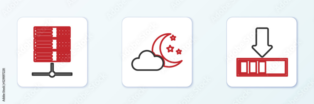 Poster set line loading, server, data, web hosting and cloud with moon and stars icon. vector