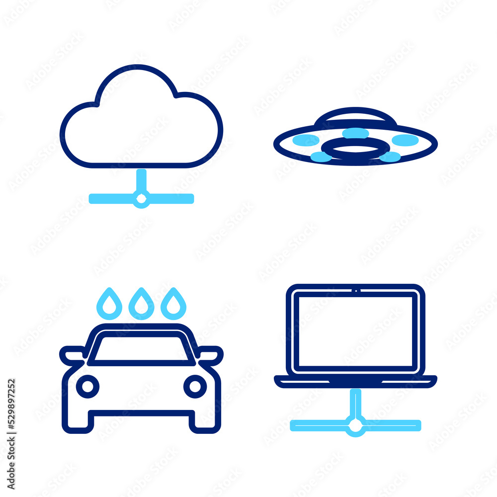 Poster set line computer network, car wash, ufo flying spaceship and network cloud connection icon. vector