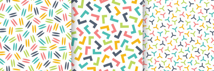 Set of vector seamless patterns with colorful mosaic shapes. Trendy abstract bright backgrounds. Simple unusual textile prints, stylish textures