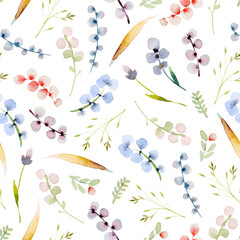 Watercolor  seamless berry pattern with scattered wild flowers, leaves and twigs with berries. Pastel colors. Summer illustration in vintage style on a white background.