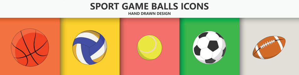 Collection of hand drawn game playing balls isolated on color backgrounds. Bright sportive logos. Vibrant vector sport cards