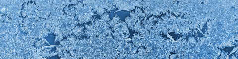 Abstract Christmas headline. Ice crystals on frozen window glass. Frost drawing closeup. Patterns of leaves and stems of magical fantastic plant. Blue tinted winter banner. Cold and crystal. Macro