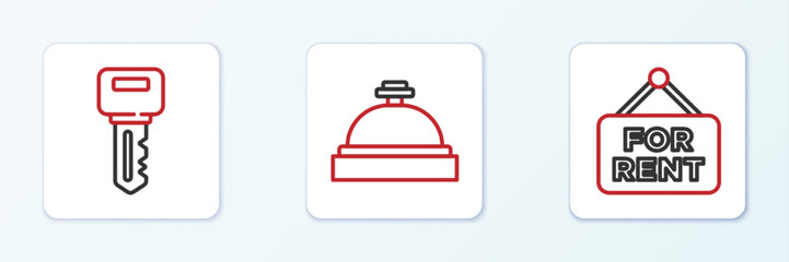 Set line Hanging sign with For Rent, House key and Hotel service bell icon. Vector